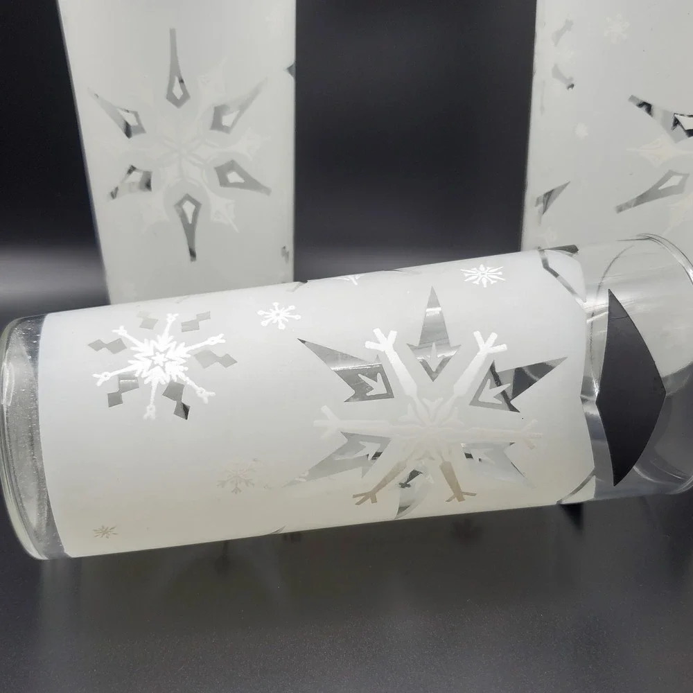 Anchor Hocking Frosted Snowflake Tall Glass Tumblers MCM Black White Diamond Bar